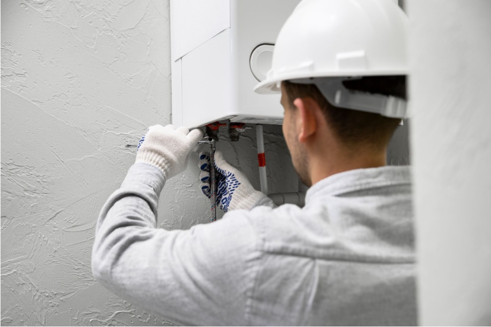 An engineer working with the heater